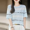 Spring/Summer 2026 new bamboo-joint linen round-neck knitted sweater, short-sleeved, color-blocked striped base layer, top and T-shirt Specification image